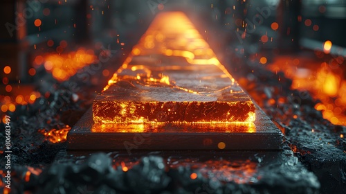 Molten Steel Slab Cooling on Factory Floor,Vivid and intense depiction of a molten steel slab cooling on a factory floor, surrounded by sparks and glowing embers.

 photo