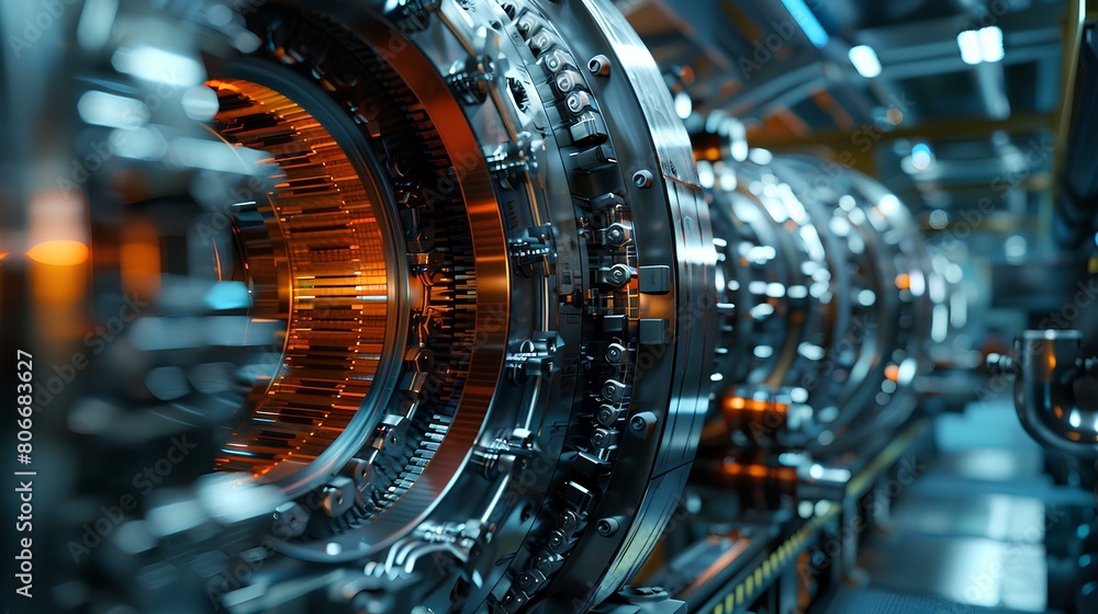 Detailed close-up of precision engineered gears and cogs, dynamically captured with flying sparks during operation in a machine shop.
Detailed close-up of precision engineered gears and cogs, dynamically captured with flying sparks during operation in a machine shop.