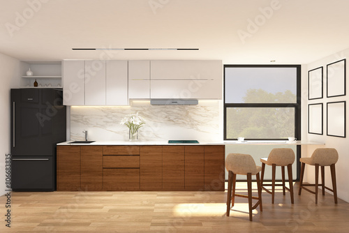 3d rendering illustration of interior design pantry with breaksfast table, chair and frame mock up. Light wood and white duco cabinet, wood parquet floor and white ceiling. Set 10 photo