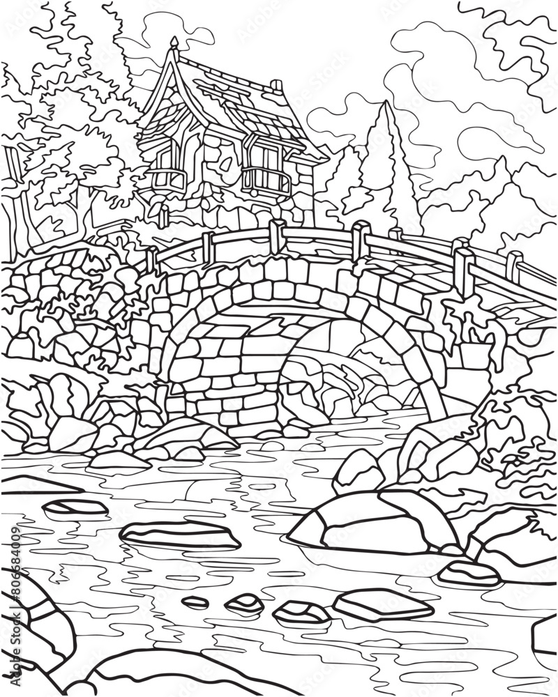 Fototapeta premium Landscape with river and bridge. Coloring book
