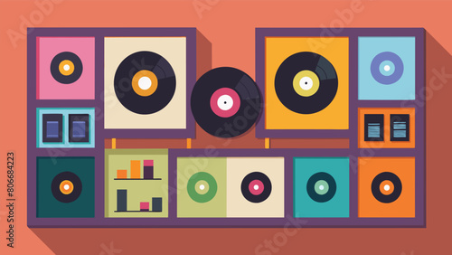 A wall lined with framed vinyl records each one displaying a unique playlist and the name of the person who curated it forming a colorful and personal Vector illustration