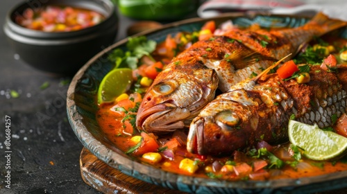 Plateful of Mexican Pescado a la Veracruzana with assorted seafood and veggies on a table
