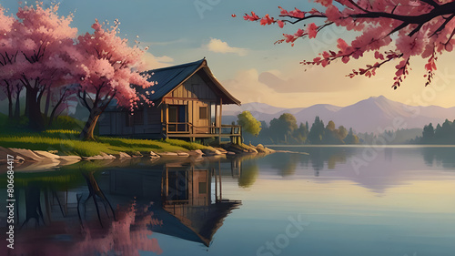 painting style illustration small house at lakeside photo