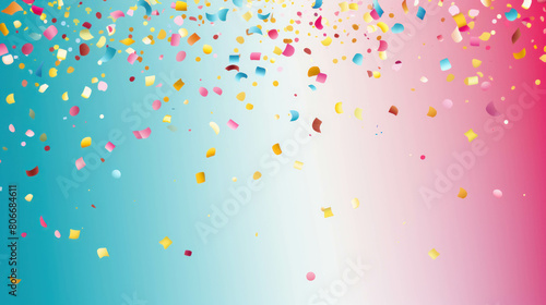 Confetti falling background with several colorful pieces of paper on blue-pink background