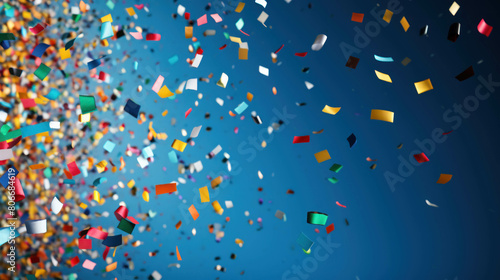 Confetti falling background with several colorful paper on a dark blue background