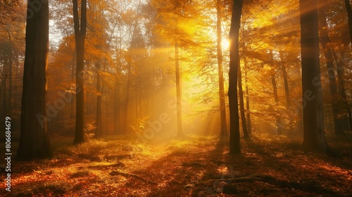 Captivating photo capturing the magic of a misty forest clearing at sunrise  with rays of light filtering through autumnal trees
