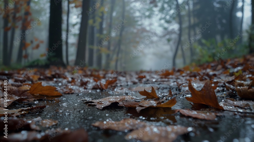 Serene view of a foggy forest at dawn, showcasing dew on fallen leaves on a woodland path Serene view of a foggy forest at dawn, showcasing dew on fallen leaves on a woodland path