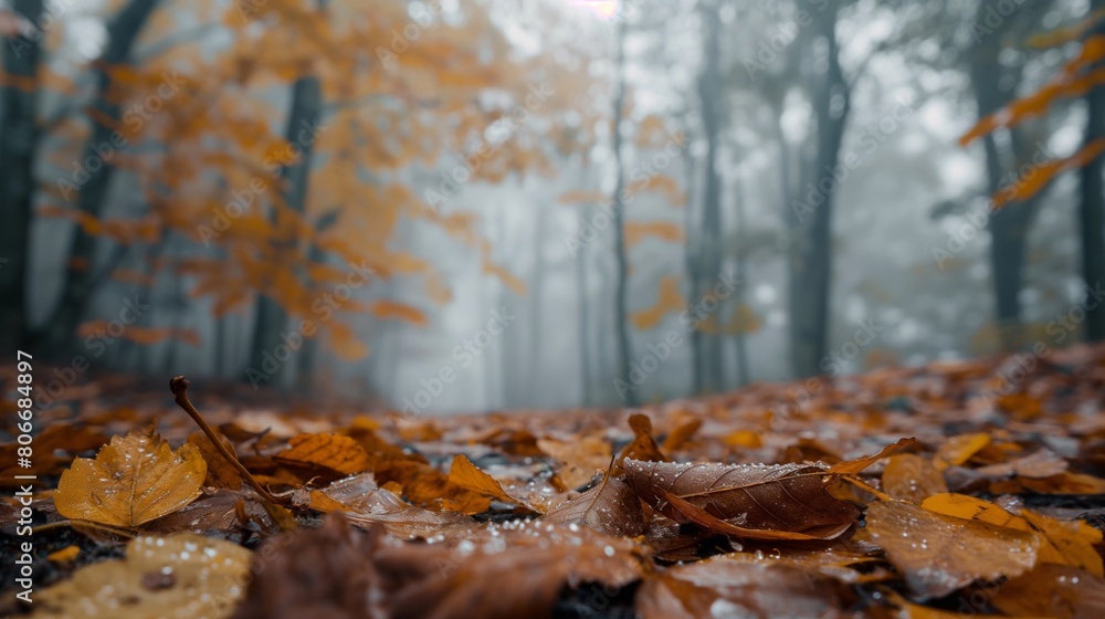 Low-angle shot of a serene, misty morning in the woods, showcasing autumn leaves with dew drops
