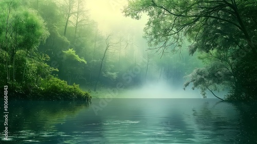 Ethereal photo capturing a tranquil, misty morning in a serene forest alongside a calm lake