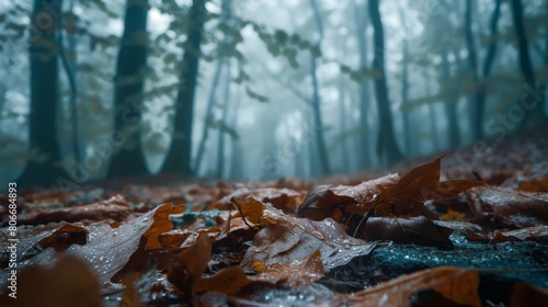 Serene, mist-shrouded woodland scene with fallen leaves covered in morning dew, evoking tranquility