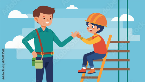 A young student wearing a safety harness and practicing maneuvering on a scaffolding platform while a teacher looks on and offers guidance.. Vector illustration