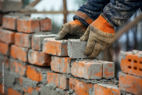 Close-up of a construction worker's hands laying bricks, building a new structure
