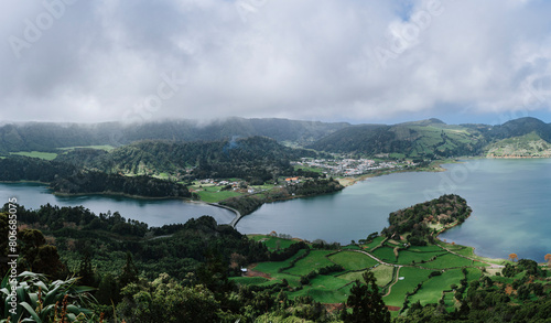 Portugal, Azores, Sete Cidades, Clouds over settlement on San Miguel island photo