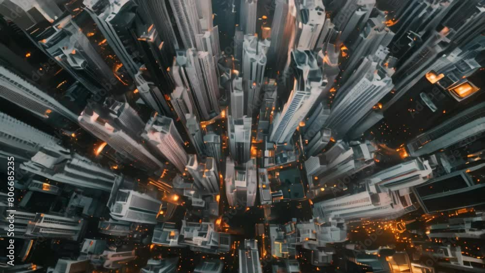 An aerial view captures the brightly lit streets and towering ...