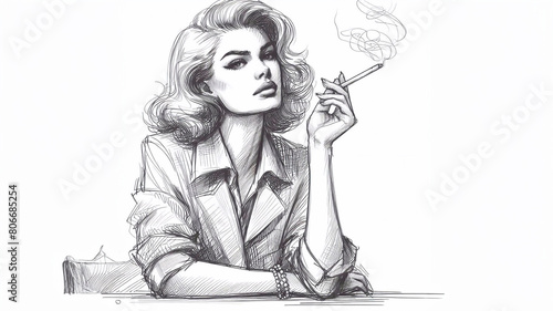 Charming woman in a relaxed pose smoking a cigarette, sketch
