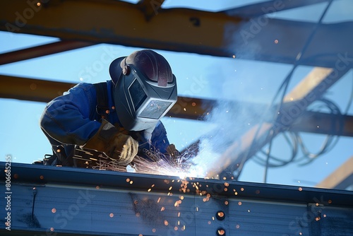 Skilled laborer in protective gear welding metal girders at a construction site