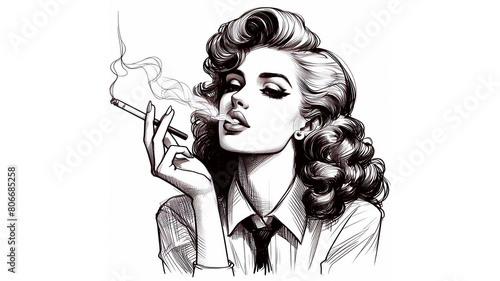 Charming woman in a relaxed pose smoking a cigarette, sketch