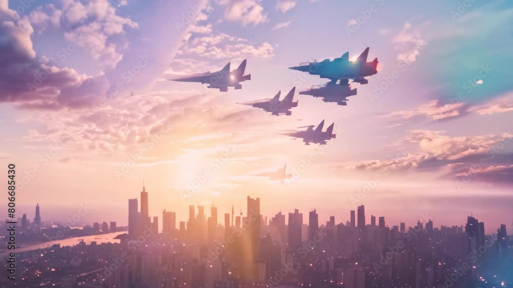 Multiple fighter jets soar through the sky over a city, creating a dynamic scene amidst the setting sun, A squadron of fighter jets passing over a city skyline at sunset Multiple fighter jets soar through the sky over a city, creating a dynamic scene amidst the setting sun, A squadron of fighter jets passing over a city skyline at sunset