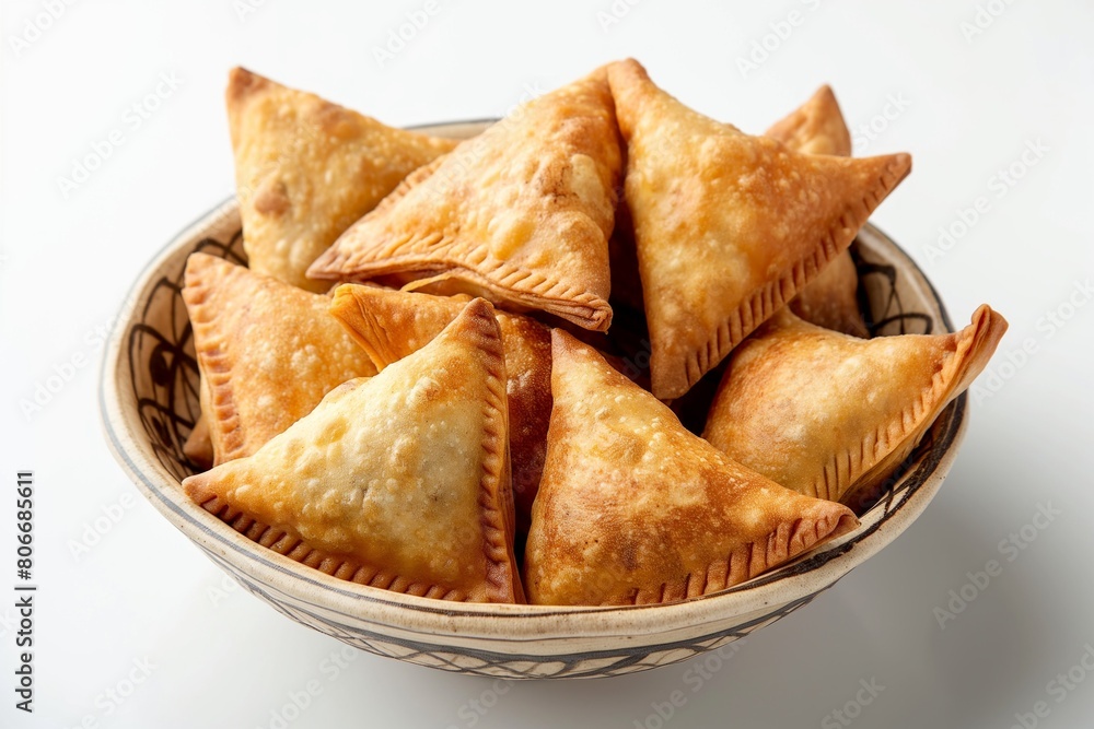 Crispy chicken samosas in a wooden bowl on a white backdrop