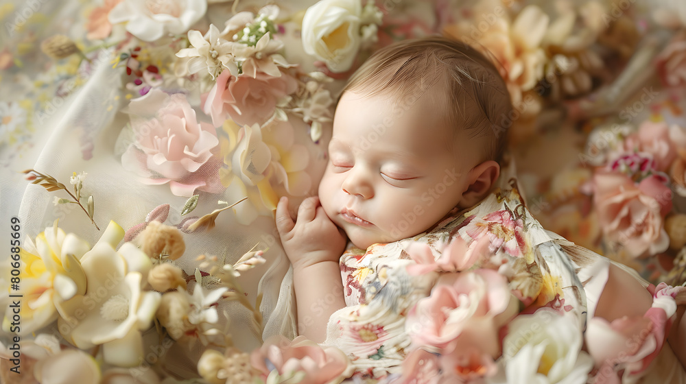 Cute newborn baby on beautiful flower background Cute newborn baby on beautiful flower background