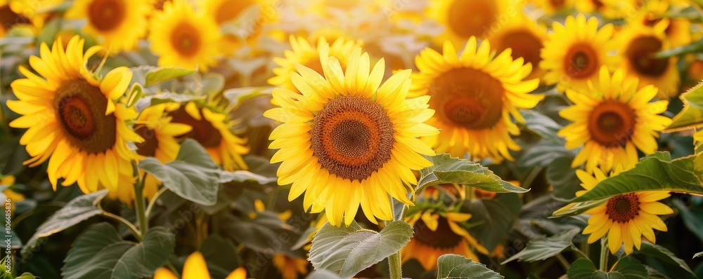 A stunning, golden hour image of a thriving sunflower field with a sunset backdrop. banner A stunning, golden hour image of a thriving sunflower field with a sunset backdrop. banner