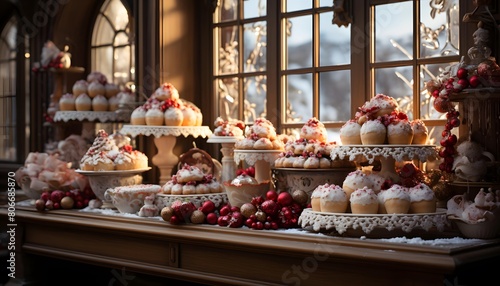 Candy bar with different types of sweet cakes and meringues photo