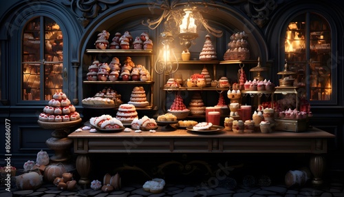 Bakery shop in Paris, France. Panoramic image.