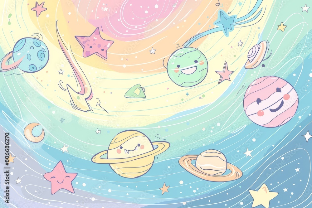 Cartoon cute doodles of smiling planets and shooting stars soaring through a galaxy of swirling pastel, Generative AI 