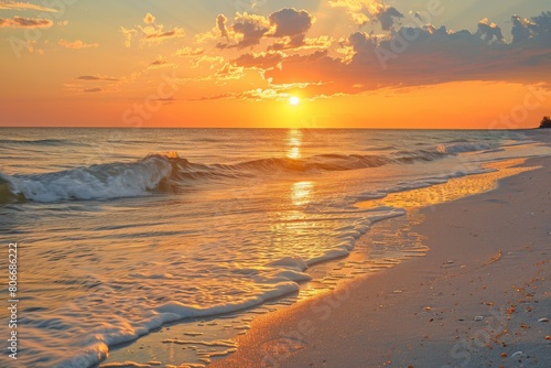 Serene beach at sunrise with gentle waves