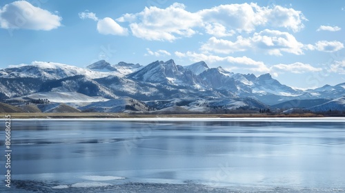 Tranquil scene of a frozen lake with a backdrop of majestic, snow-capped mountains under a clear blue sky