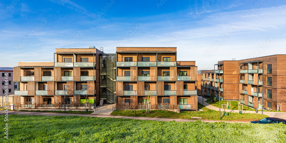 Germany, Baden-Wurttemberg, Stuttgart, Panoramic view of modern suburban apartments in summer Germany, Baden-Wurttemberg, Stuttgart, Panoramic view of modern suburban apartments in summer