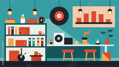 The record wall in this modern coffee shop is constantly changing with customers able to add their own vinyls to the collection creating a Vector illustration