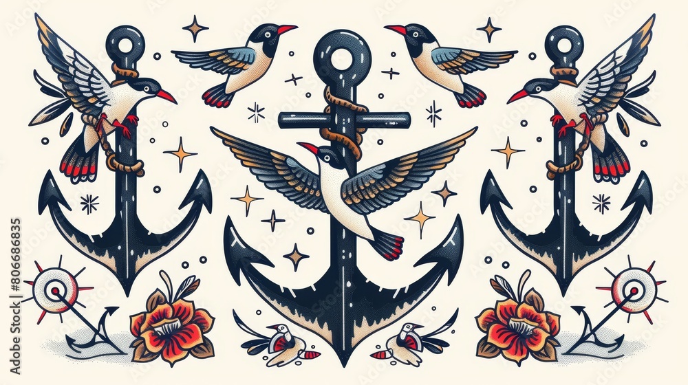 Obraz premium Nautical themes in traditional tattoo style, showcasing swallows and anchors with bold outlines and flat color fills, presented on an isolated background