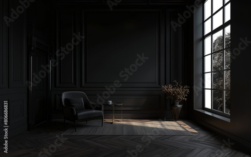 Serene dark interior with elegant seating