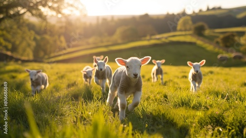 Group of adorable lambs frolic in a lush meadow bathed in the golden light of the setting sun