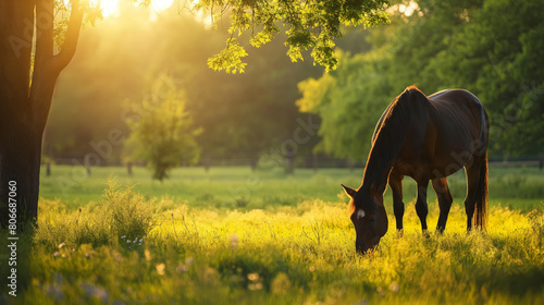 Tranquil scene of a horse grazing in a lush meadow with warm sunset light filtering through the trees photo