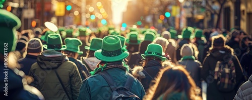 A festive crowd donning green hats gathers to celebrate Saint Patrick's Day, signaling joy and community photo
