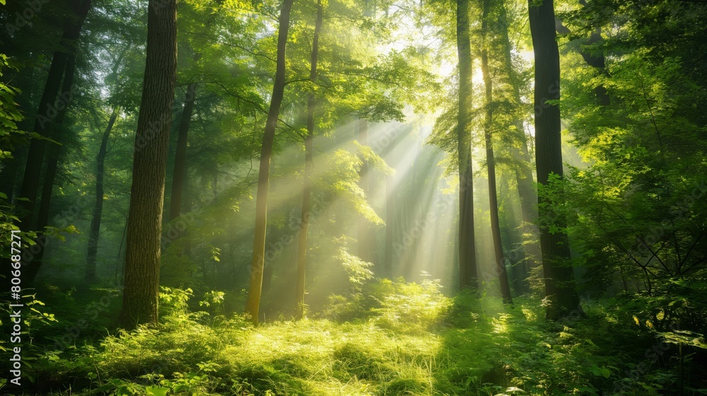 Obraz premium Tranquil and mystical enchanted forest sunbeams filtering through lush greenery and trees, creating a serene and beautiful natural light landscape in the eco-friendly wilderness environment