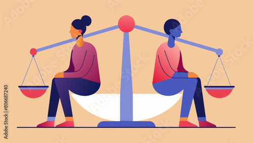 A minimalist illustration of two figures sitting on opposite sides of a scale symbolizing the search for balance and reason in discourse. Vector illustration
