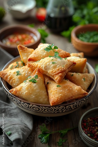 Golden Samosas sesame-topped pastries in a decorative bowl, garnished with fresh herbs