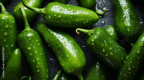 Food photography background texture - Closeup of ripe green peppers with waterdrops  top view