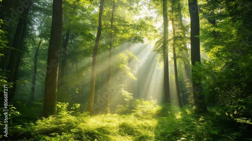 Tranquil and mystical enchanted forest sunbeams filtering through lush greenery and trees  creating a serene and beautiful natural light landscape in the eco-friendly wilderness environment