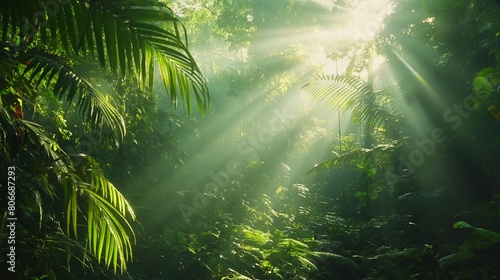 Serene and tranquil enchanted sunlit forest with lush green canopy. Verdant foliage. And sunlight beaming through the trees in the natural eco-friendly environment