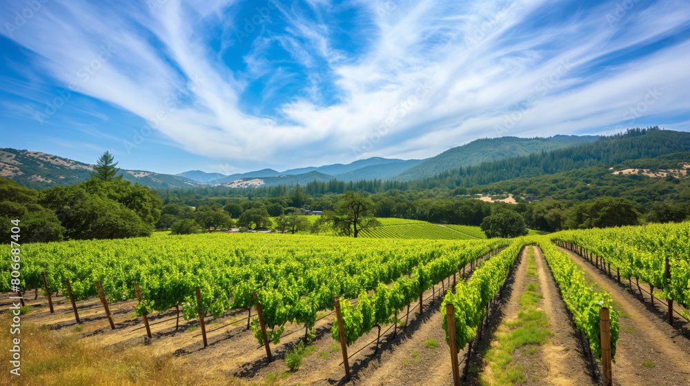 Beautiful panoramic view of a sunny vineyard landscape with green rows of grapevines under a clear blue sky on a warm summer day