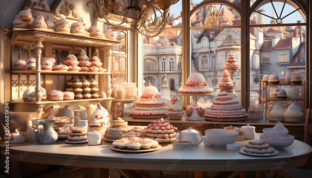 A wide shot of a table with a lot of cakes in a bakery