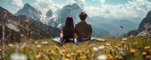 A loving couple sitting on a blanket enjoys a picnic with a breathtaking mountain landscape. photo