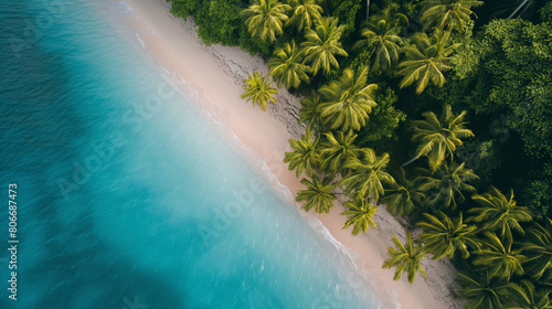 Aerial photo capturing the tranquility of a tropical beach with lush palm trees and turquoise waters © Татьяна Евдокимова
