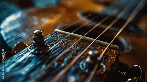 Headstock of an acoustic guitar. Details of the head with the nylon strings coiled on the tuning pegs of an old acoustic guitar, worn out and dusty photo