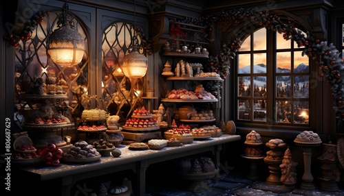 Bakery shop with different kinds of pastries and pastries.