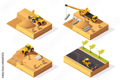 Isometric vector illustration of construction scenes with machinery and workers on a beige background, concept of urban development. Vector illustration